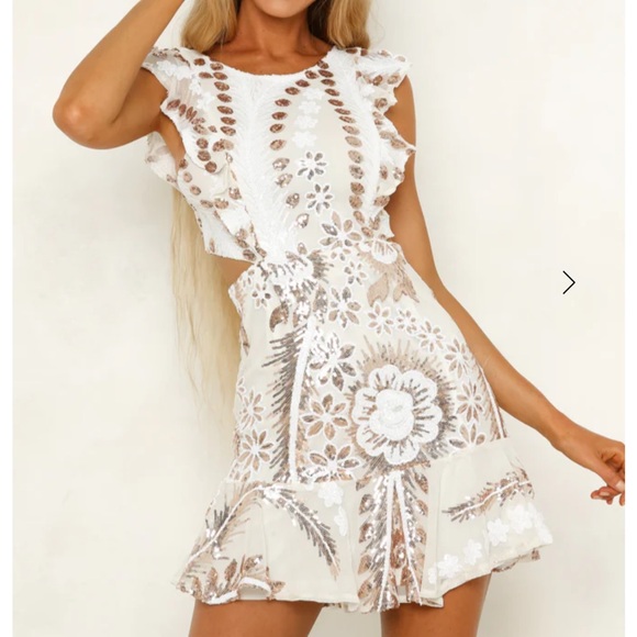 Hello Molly Making Moonlight White Cream Mesh Sequined Cutout Back Mini Dress - Picture 1 of 16